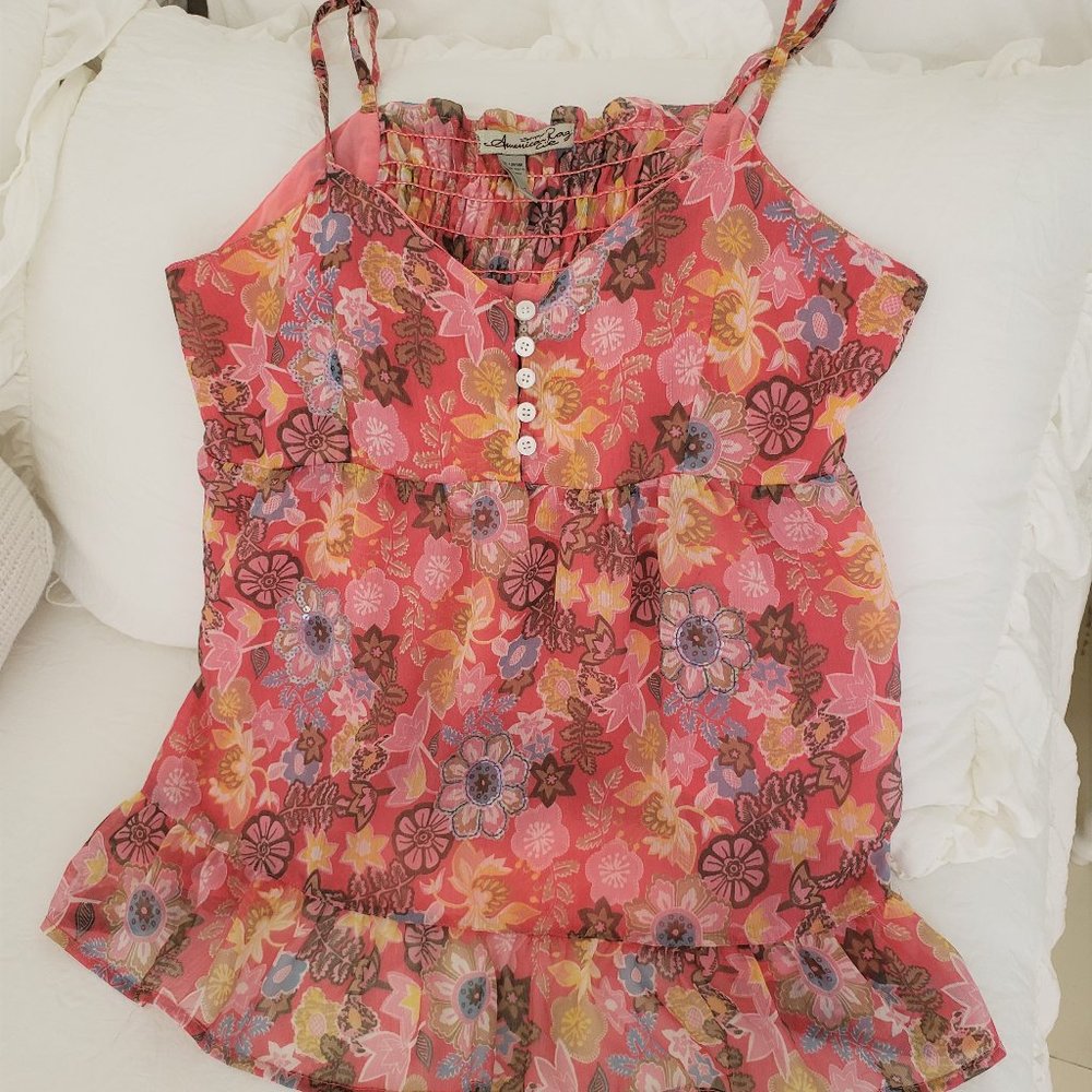 American Rag Baby Doll Halter Top Large Pink Floral Ruffle Spaghetti Straps L